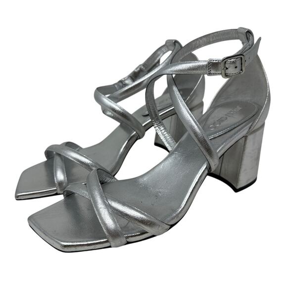 Jimmy Choo Rheea Metallic Block Heel Sandals Womens Size 37 US 7 Silver *READ - Picture 2 of 9
